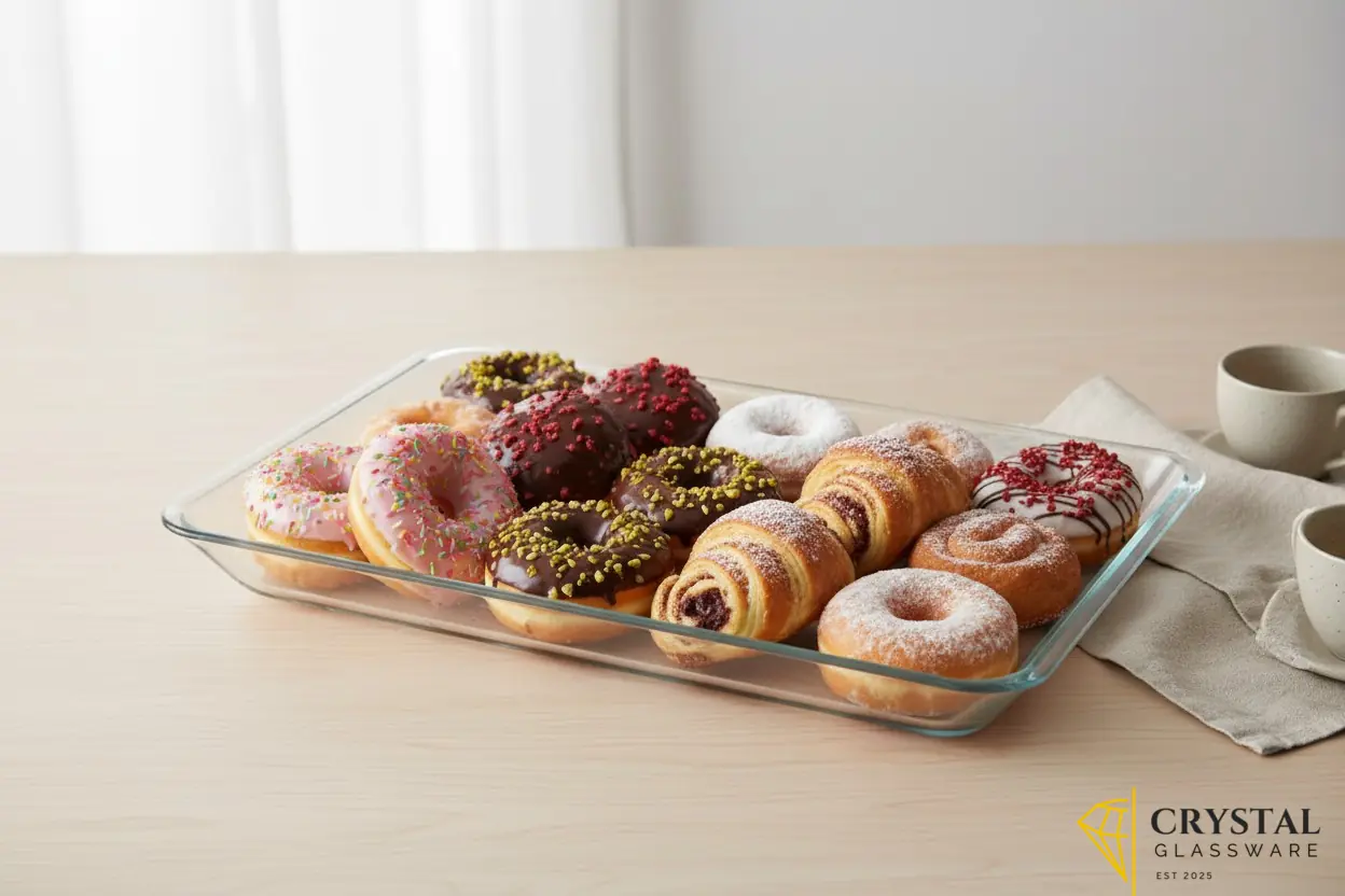 Delisoga  glass serving tray features a transparent, rectangular design perfect for displaying fruits or desserts — Crystal Glassware Pakistan